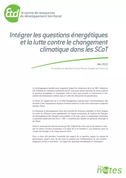 Intégrer les questions énergétiques et la lutte contre le changement climatique dans les SCOT
