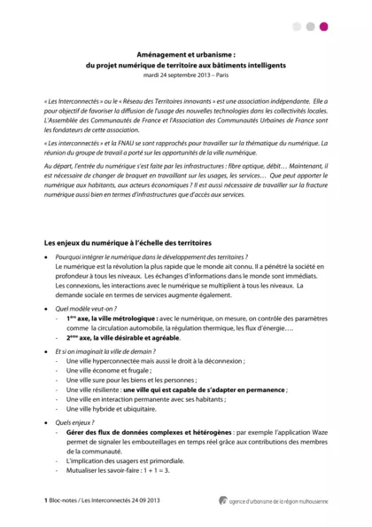 Les interconnectés : aménagement et urbanisme : du projet numérique de territoire aux bâtiments intelligents (24/09/2013, Paris)