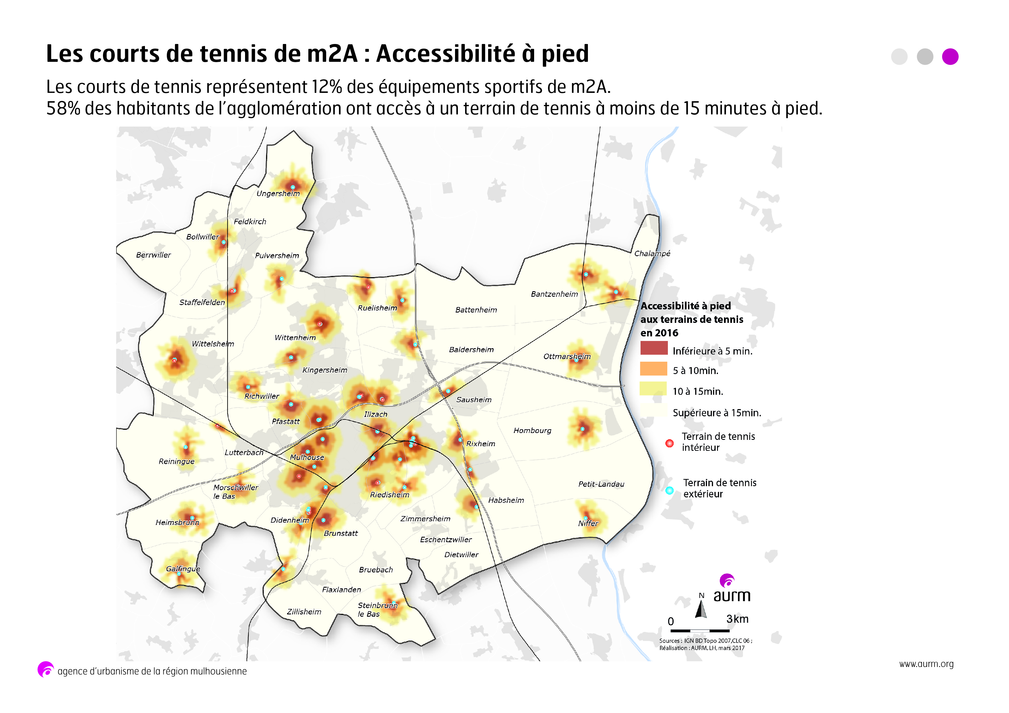 Accessibilité à pied aux courts de tennis, 2016 - m2A