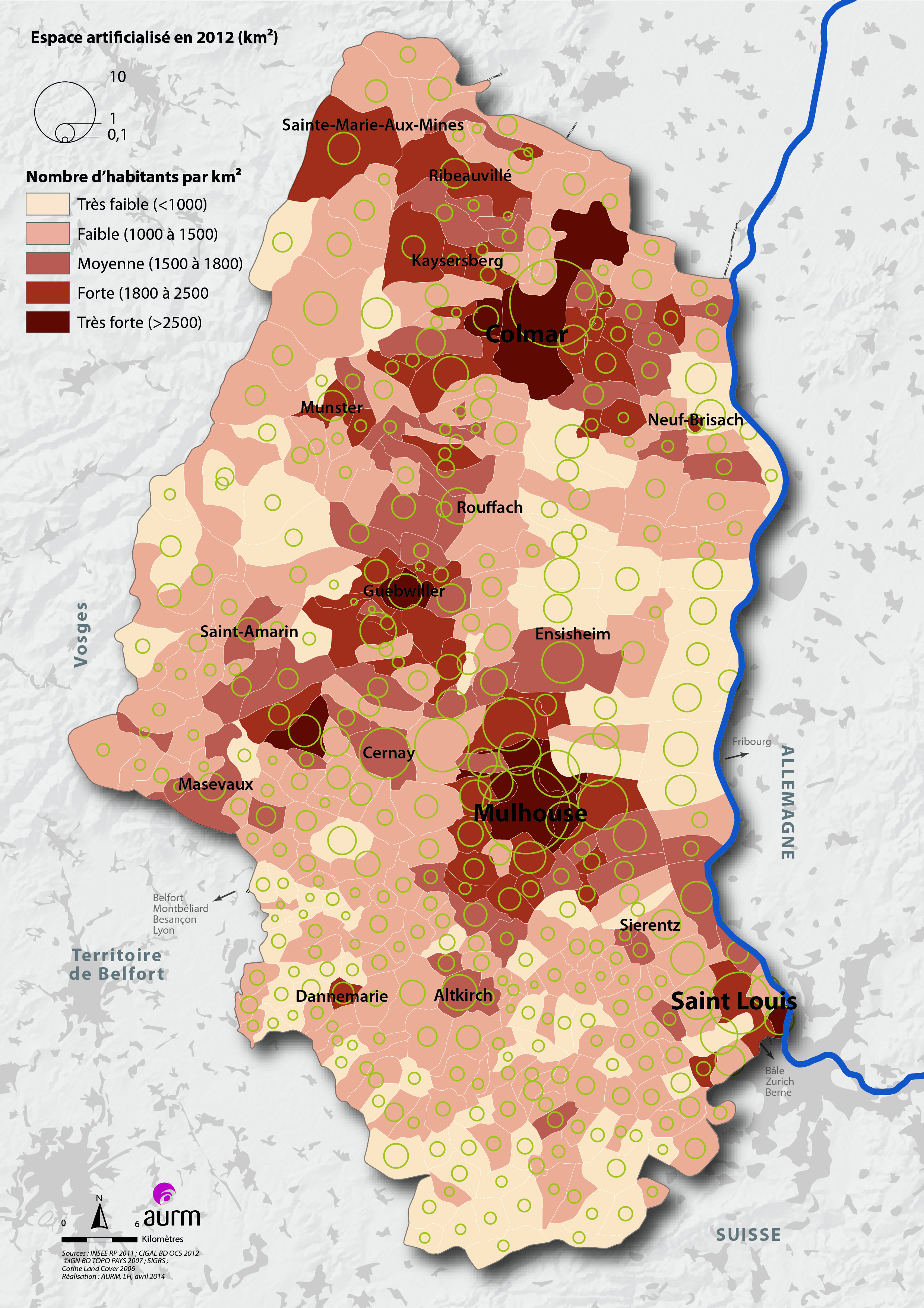 Densité de population dans le Haut-Rhin en 2011