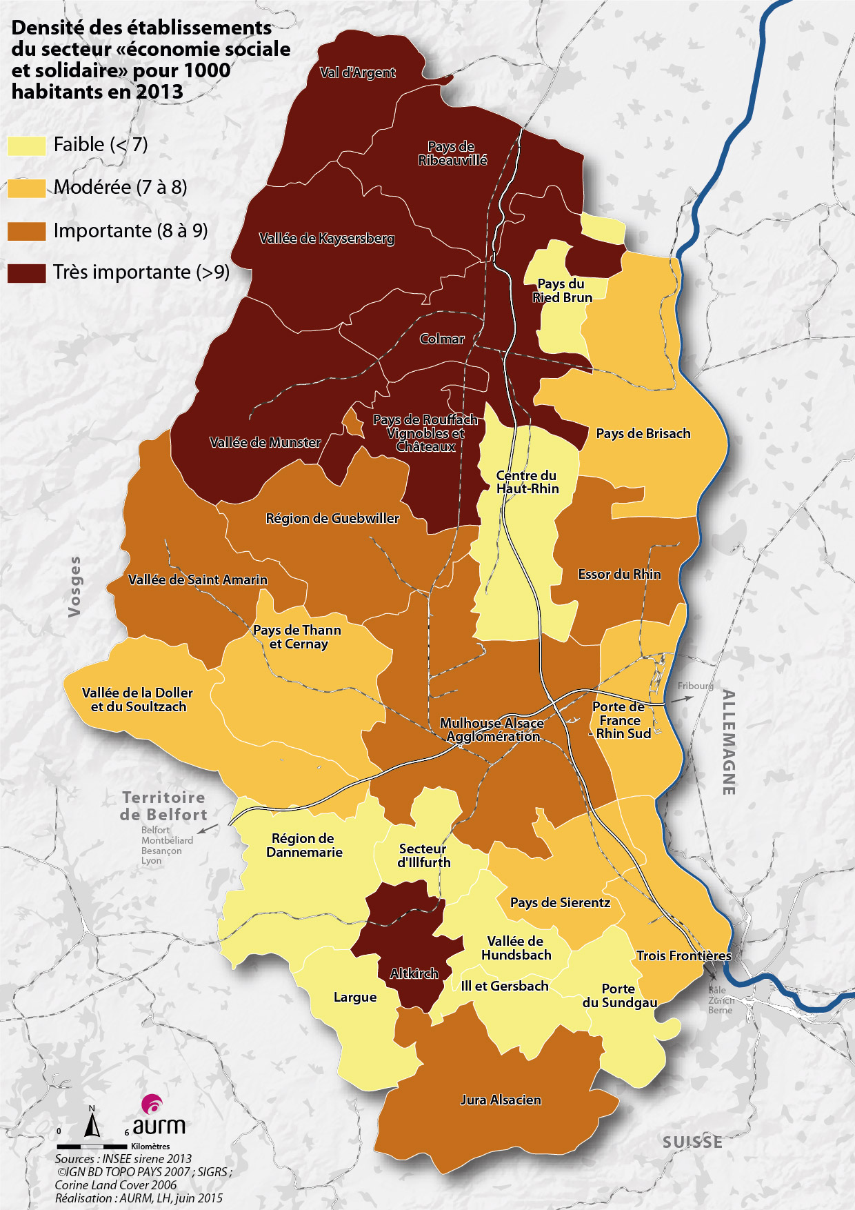 Densité des établissements du secteur "économie sociale et solidaire" pour 1000 habitants en 2013