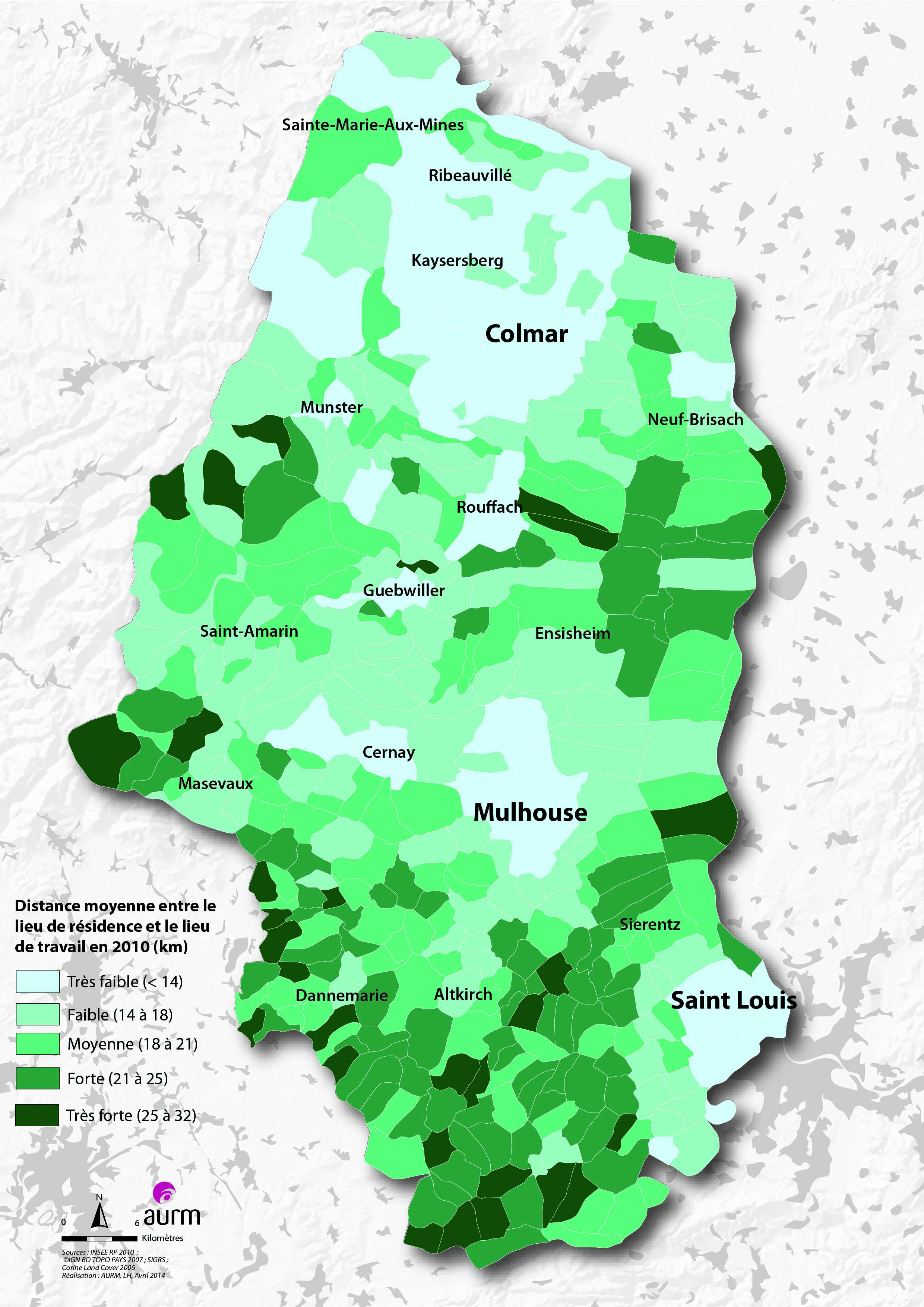 Distance moyenne entre le lieu de résidence et le lieu de travail en 2010