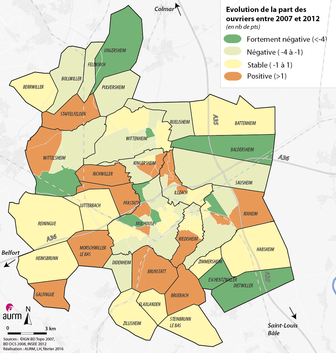 Evolution de la part des ouvriers entre 2007 et 2012 - m2A