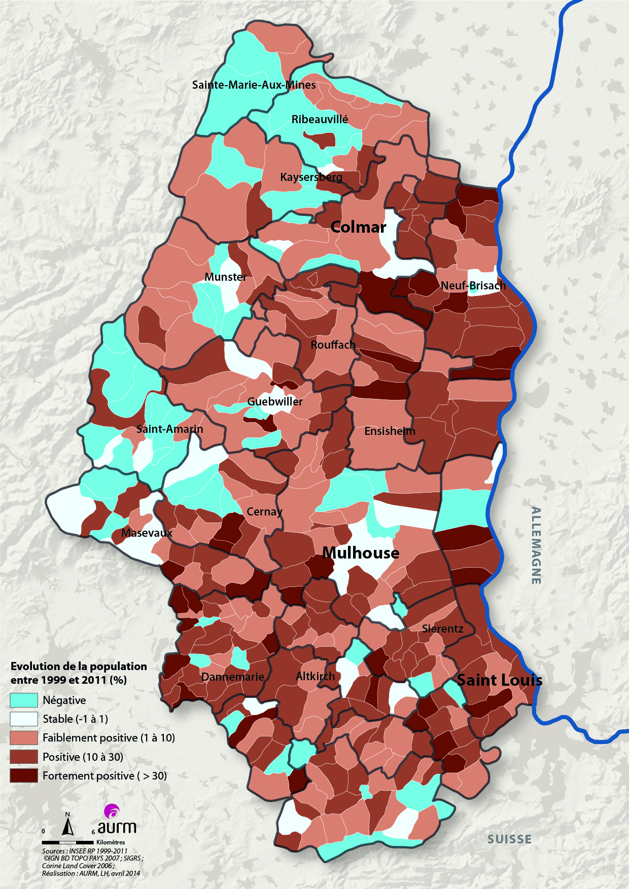 Evolution de la population entre 1999 - 2011 dans le Haut-Rhin