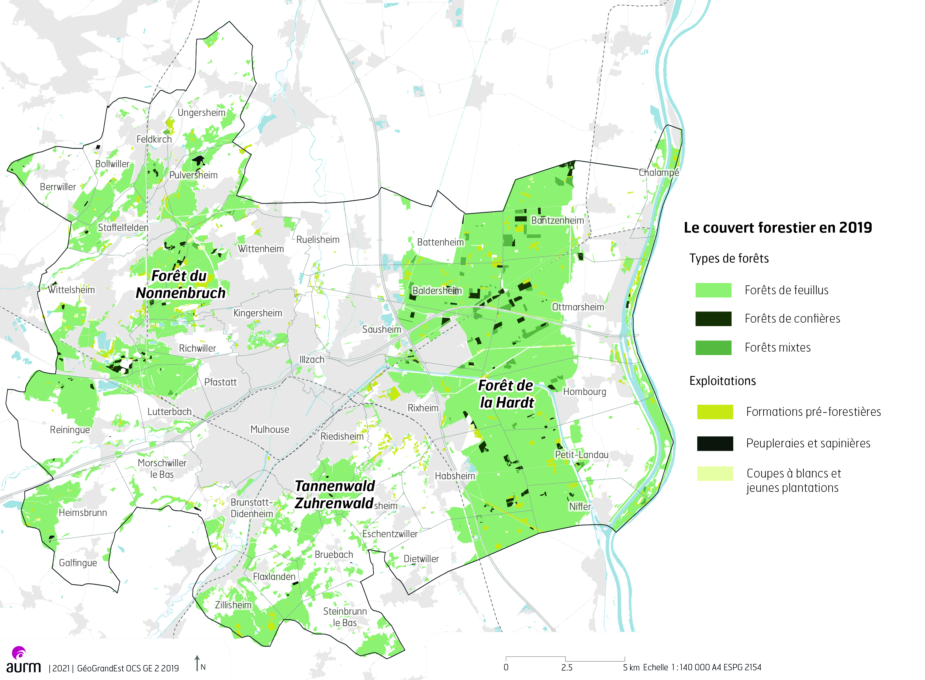Le couvert forestier de l'agglomération mulhousienne en 2019