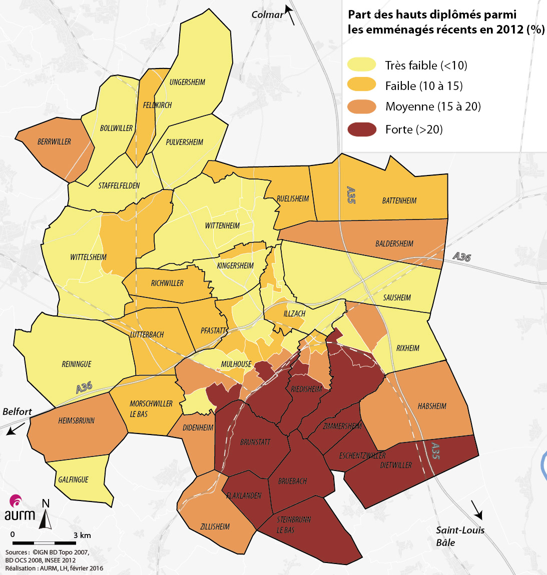 Part des hauts diplômés parmis les emménagés récents (-5ans) en 2012