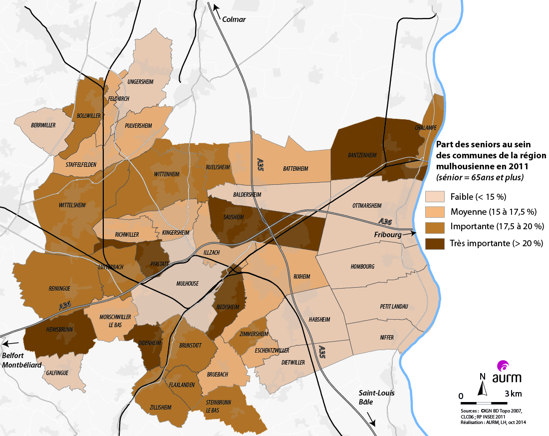 Part des séniors au sein des communes de la région mulhousienne en 2011