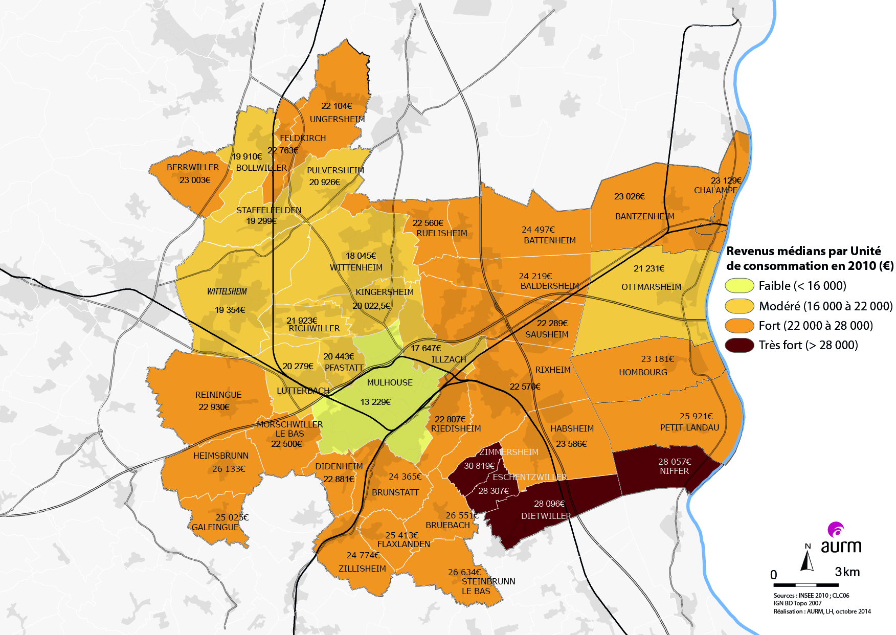 Revenus médians par Unité de consommation en 2010 - région mulhousienne