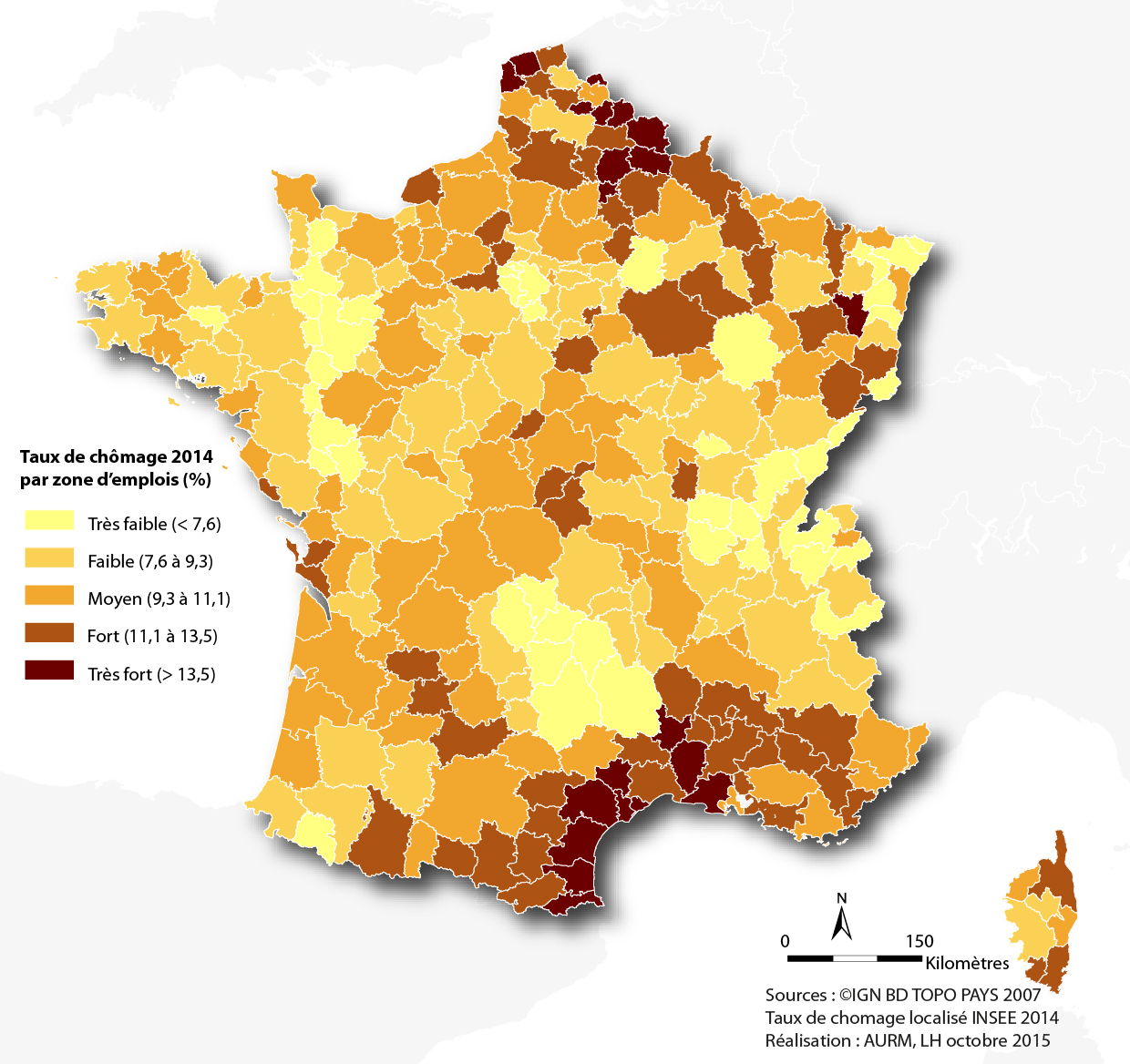 Taux de chômage 2014 par zone d'emplois en France