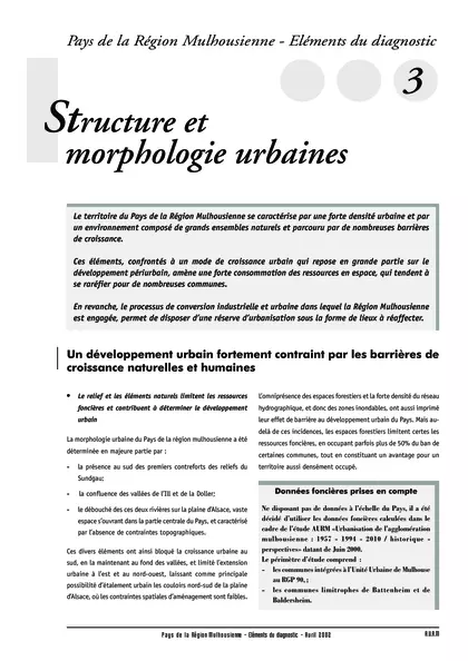 PAYS DE LA REGION MULHOUSIENNE - ELEMENTS DU DIAGNOSTIC 3 : 
STRUCTURE ET MORPHOLOGIE URBAINE : 
SYNTHESE