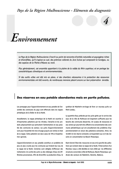 PAYS DE LA REGION MULHOUSIENNE - ELEMENTS DU DIAGNOSTIC 4 : 
ENVIRONNEMENT
SYNTHESE