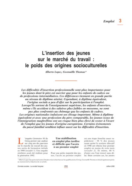 L'insertion des jeunes sur le marché du travail : le poid des origines socioculturelles