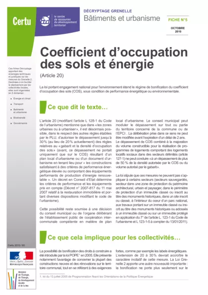 Décryptage Grenelle. Bâtiments et urbanisme. Coefficient d'occupation des sols et énergie