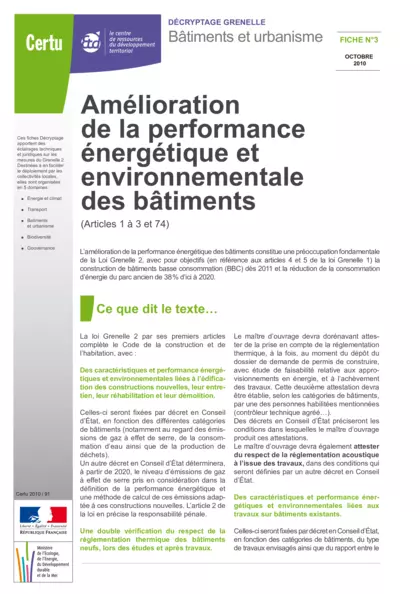 Décryptage Grenelle. Bâtiments et urbanisme. Amélioration de la performance énergétique et environnementale des bâtiments