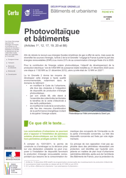 Décryptage Grenelle. Bâtiments et urbanisme. Photovoltaïque et bâtiments.