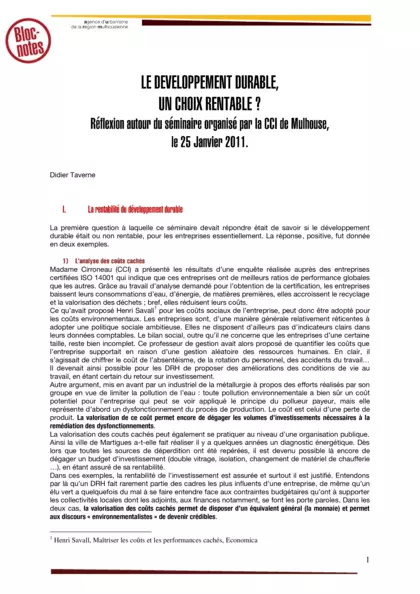 Le développement durable, un choix rentable ? Réflexion autour du séminaire organisé par la CCI de Mulhouse le 25 janvier 2011