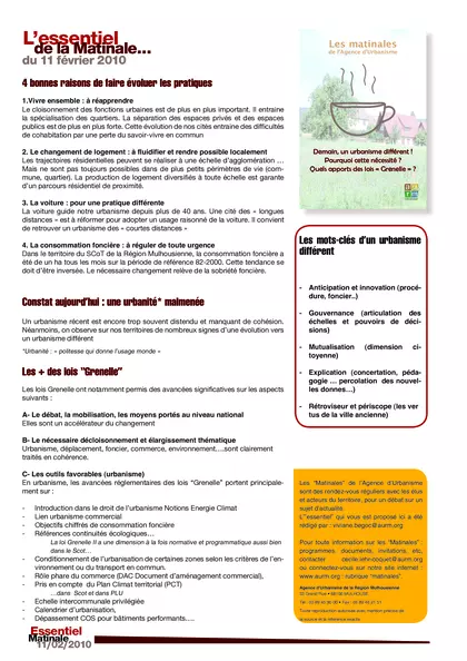 Essentiel de la Matinale du 11 février 2010 : Demain, un urbanisme différent ! Pourquoi cette nécessité ? Quels apports des lois "Grenelle" ?