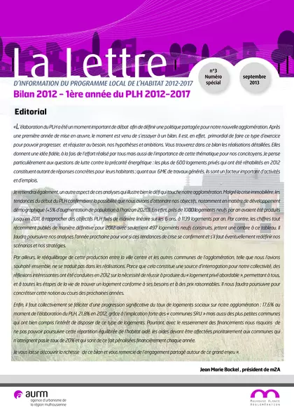 La Lettre d'information du Programme Local de l'Habitat 2012 - 2017 : Bilan 2012, première année du PLH