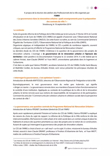 La gouvernance dans la rénovation urbaine : quels enseignements pour la préparation des contrats de ville ?