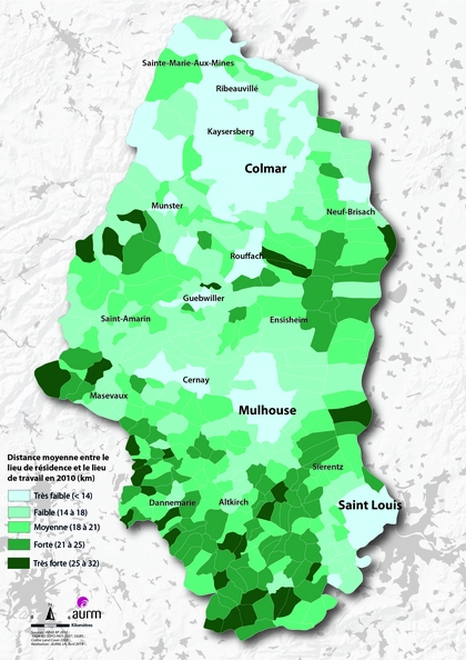 Distance moyenne entre le lieu de résidence et le lieu de travail en 2010