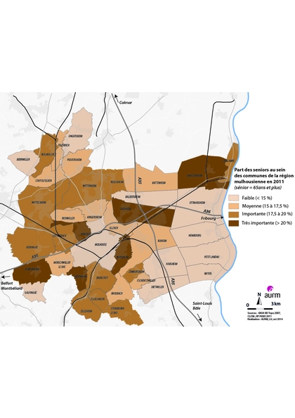 Part des séniors au sein des communes de la région mulhousienne en 2011