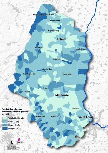 Nombre d'ouvriers pour un cadre supérieur en 2010 dans le Haut-Rhin