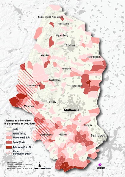 Distance au généraliste le plus proche en 2012 dans le Haut-Rhin