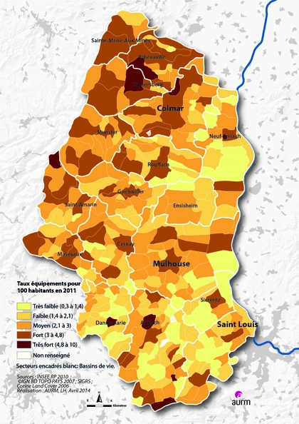 Taux d'équipements pour 100 habitants en 2011 dans le Haut-Rhin