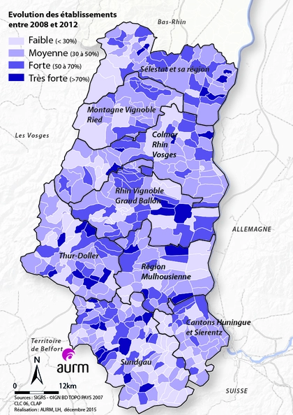 Evolution du nombre d'établissements entre 2008 et 2012