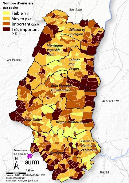 Nombre d'ouvriers par cadre en 2011