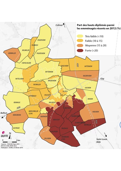 Part des hauts diplômés parmis les emménagés récents (-5ans) en 2012