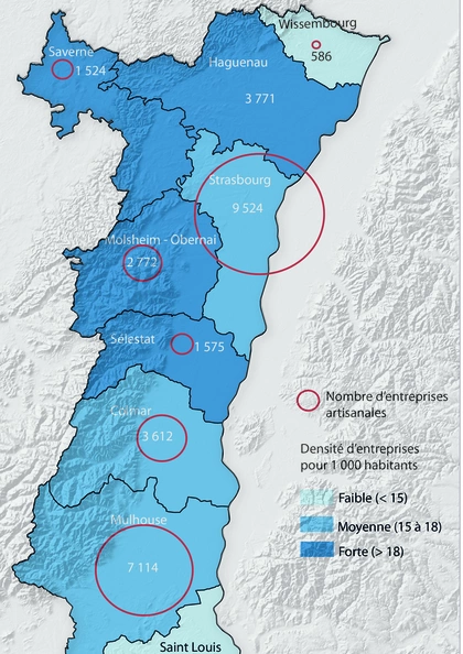 Entreprises artisanales en Alsace : nombre et densité