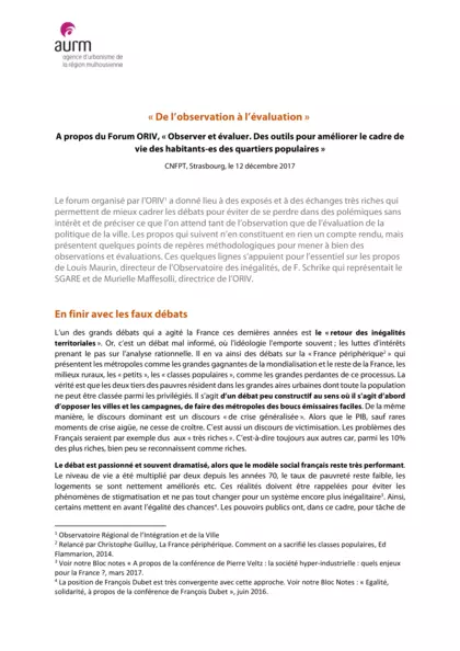 Observer et évaluer. Des outils pour améliorer le cadre de vie des habitants.es des quartiers populaires : Forum de l'ORIV, 12 decembre 2017, Strasbourg