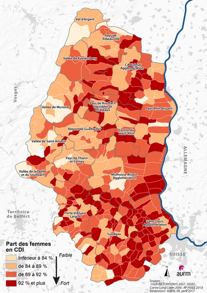 La part des femmes en CDI dans le Haut-Rhin