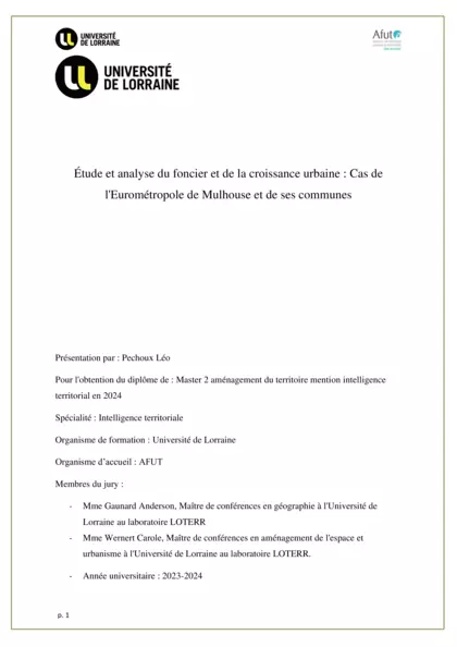 Etude et analyse du foncier et de la croissance urbaine : cas de l'eurométropole de Mulhouse et de ses communes (mémoire de stage)